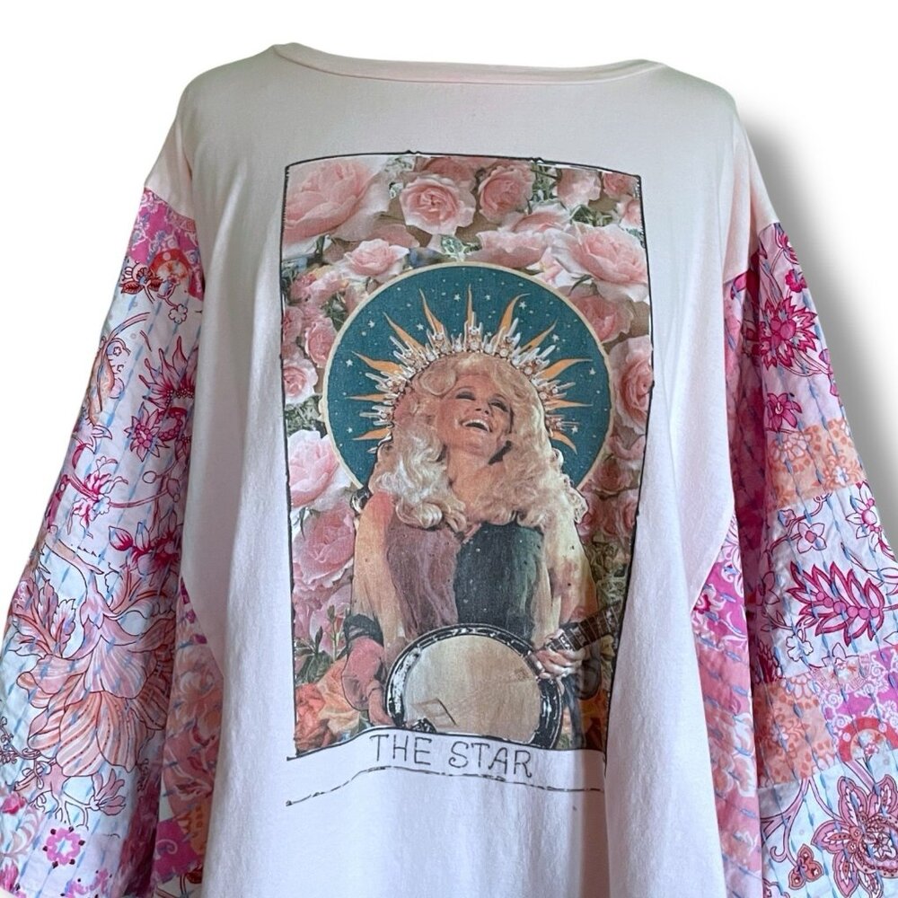 Blue Velvet Womens Upcycled Poncho Top Sz Large XL Pink Dolly Parton Kantha Boho - Picture 4 of 8